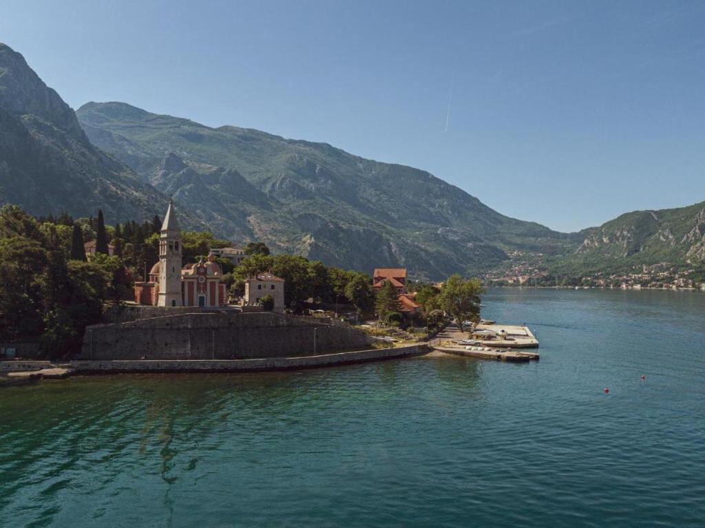 Dobrota waterfront and the Bay of Kotor seen from above near Villa Kamena
